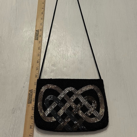 Vintage Beaded Evening Bag Black Gold Silver Knot Pattern China Purse - Picture 2 of 8
